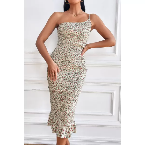 imagePRETTYGARDEN Womens Summer Midi Bodycon Dresses One Shoulder Strappy Tiered Ruffle Floral Boho Sun DressBeige Floral