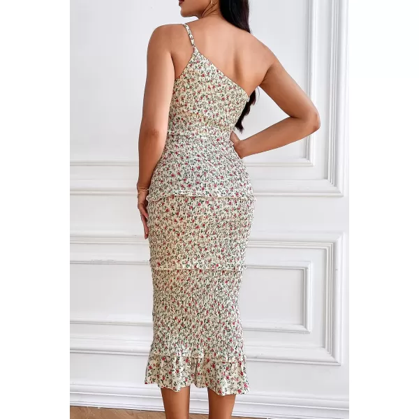 imagePRETTYGARDEN Womens Summer Midi Bodycon Dresses One Shoulder Strappy Tiered Ruffle Floral Boho Sun DressBeige Floral