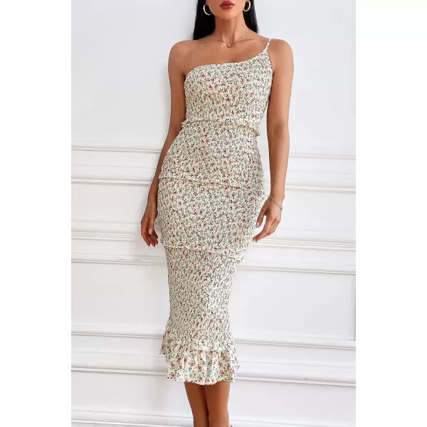 imagePRETTYGARDEN Womens Summer Midi Bodycon Dresses One Shoulder Strappy Tiered Ruffle Floral Boho Sun DressBeige Floral