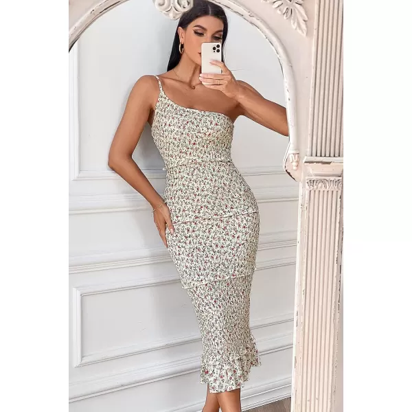 imagePRETTYGARDEN Womens Summer Midi Bodycon Dresses One Shoulder Strappy Tiered Ruffle Floral Boho Sun DressBeige Floral