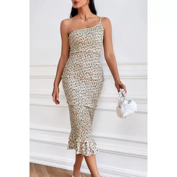 imagePRETTYGARDEN Womens Summer Midi Bodycon Dresses One Shoulder Strappy Tiered Ruffle Floral Boho Sun DressBeige Floral