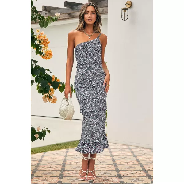 imagePRETTYGARDEN Womens Summer Midi Bodycon Dresses One Shoulder Strappy Tiered Ruffle Floral Boho Sun DressBlack Purple Floral