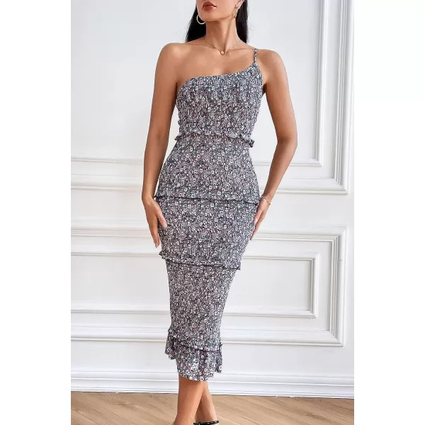 imagePRETTYGARDEN Womens Summer Midi Bodycon Dresses One Shoulder Strappy Tiered Ruffle Floral Boho Sun DressBlack Purple Floral