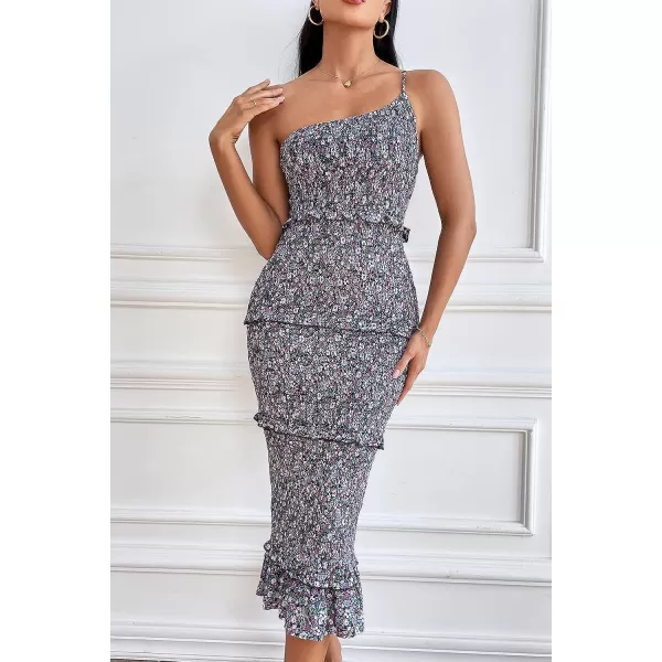 imagePRETTYGARDEN Womens Summer Midi Bodycon Dresses One Shoulder Strappy Tiered Ruffle Floral Boho Sun DressBlack Purple Floral