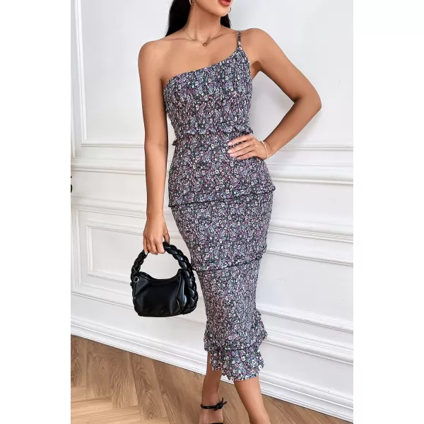 imagePRETTYGARDEN Womens Summer Midi Bodycon Dresses One Shoulder Strappy Tiered Ruffle Floral Boho Sun DressBlack Purple Floral