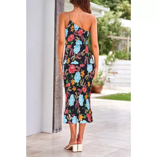 imagePRETTYGARDEN Womens Summer Midi Bodycon Dresses One Shoulder Strappy Tiered Ruffle Floral Boho Sun DressFloral Black Red