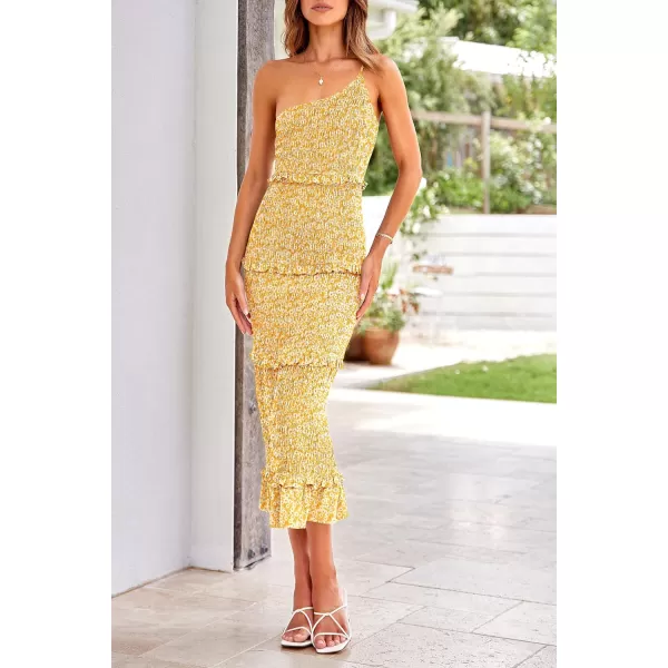 imagePRETTYGARDEN Womens Summer Midi Bodycon Dresses One Shoulder Strappy Tiered Ruffle Floral Boho Sun DressFloral Yellow