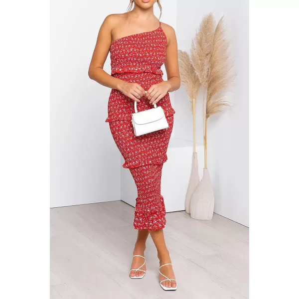 imagePRETTYGARDEN Womens Summer Midi Bodycon Dresses One Shoulder Strappy Tiered Ruffle Floral Boho Sun DressRed Floral