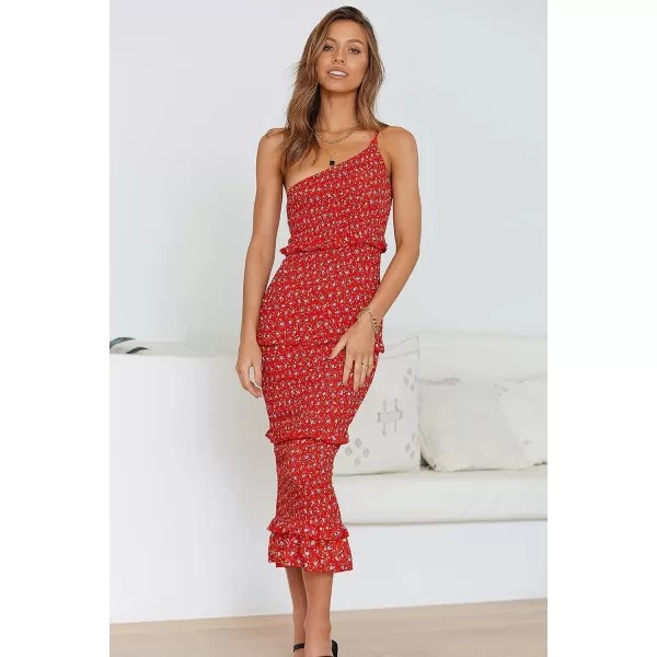 imagePRETTYGARDEN Womens Summer Midi Bodycon Dresses One Shoulder Strappy Tiered Ruffle Floral Boho Sun DressRed Floral