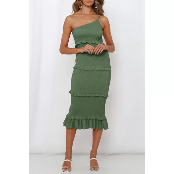 imagePRETTYGARDEN Womens Summer Midi Bodycon Dresses One Shoulder Strappy Tiered Ruffle Floral Boho Sun DressSolid Army Green