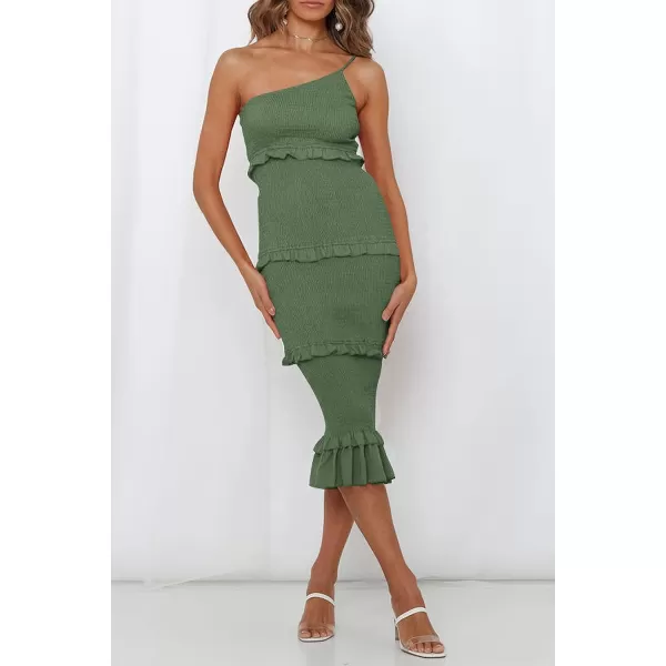 imagePRETTYGARDEN Womens Summer Midi Bodycon Dresses One Shoulder Strappy Tiered Ruffle Floral Boho Sun DressSolid Army Green