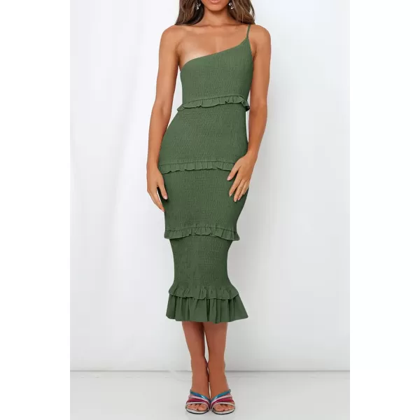 imagePRETTYGARDEN Womens Summer Midi Bodycon Dresses One Shoulder Strappy Tiered Ruffle Floral Boho Sun DressSolid Army Green