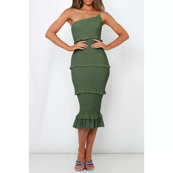 imagePRETTYGARDEN Womens Summer Midi Bodycon Dresses One Shoulder Strappy Tiered Ruffle Floral Boho Sun DressSolid Army Green
