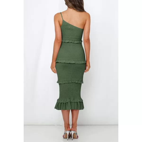 imagePRETTYGARDEN Womens Summer Midi Bodycon Dresses One Shoulder Strappy Tiered Ruffle Floral Boho Sun DressSolid Army Green