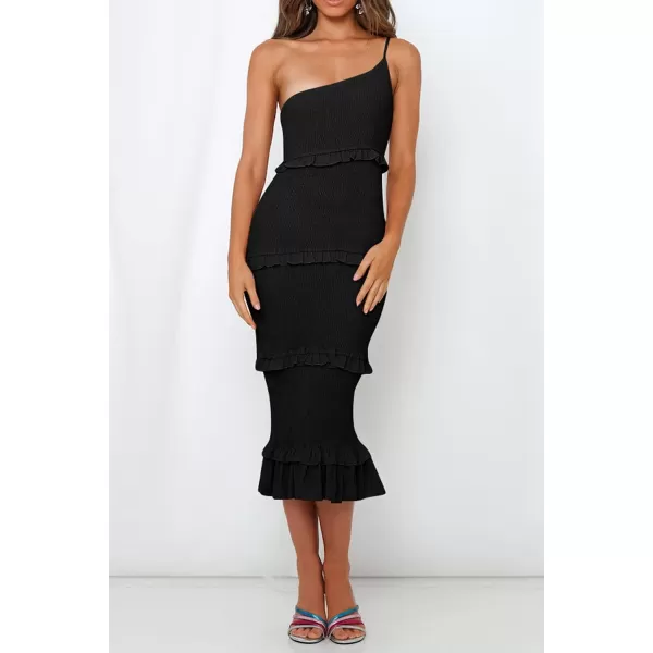 imagePRETTYGARDEN Womens Summer Midi Bodycon Dresses One Shoulder Strappy Tiered Ruffle Floral Boho Sun DressSolid Black