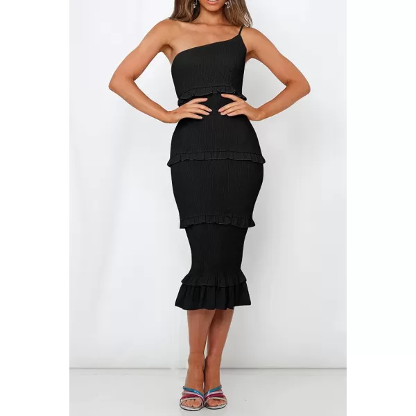 imagePRETTYGARDEN Womens Summer Midi Bodycon Dresses One Shoulder Strappy Tiered Ruffle Floral Boho Sun DressSolid Black
