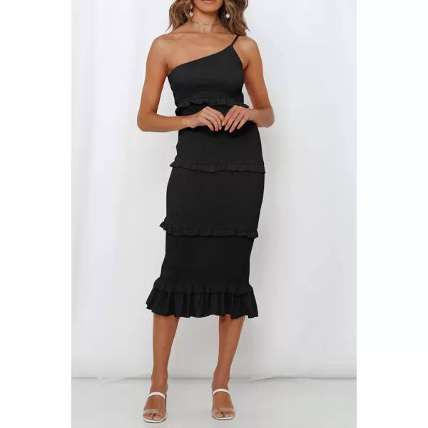 imagePRETTYGARDEN Womens Summer Midi Bodycon Dresses One Shoulder Strappy Tiered Ruffle Floral Boho Sun DressSolid Black
