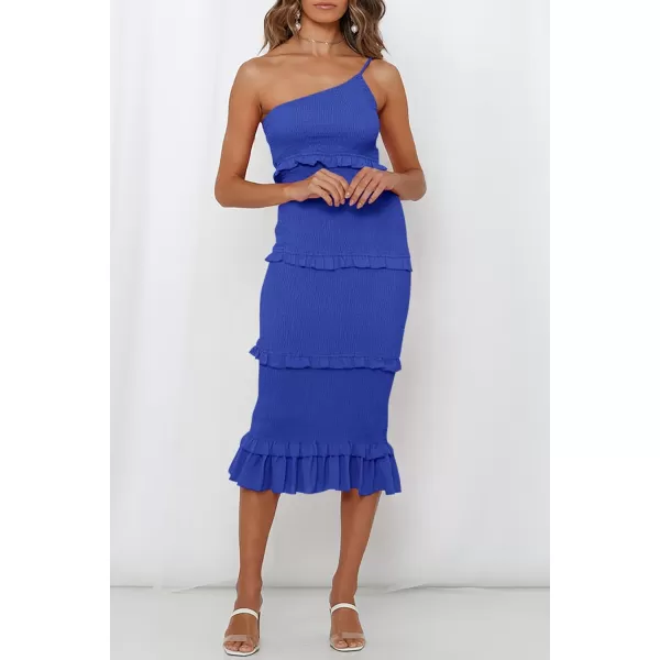 imagePRETTYGARDEN Womens Summer Midi Bodycon Dresses One Shoulder Strappy Tiered Ruffle Floral Boho Sun DressSolid Blue