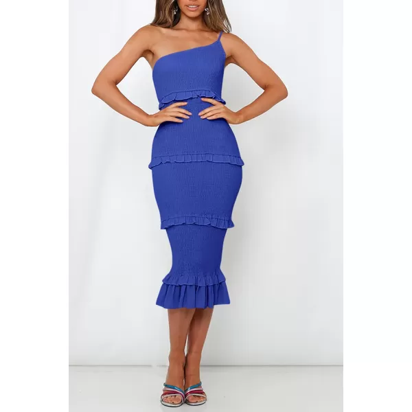 imagePRETTYGARDEN Womens Summer Midi Bodycon Dresses One Shoulder Strappy Tiered Ruffle Floral Boho Sun DressSolid Blue