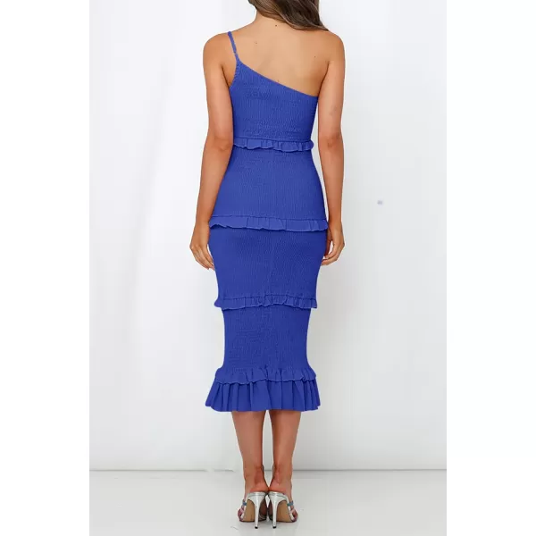 imagePRETTYGARDEN Womens Summer Midi Bodycon Dresses One Shoulder Strappy Tiered Ruffle Floral Boho Sun DressSolid Blue