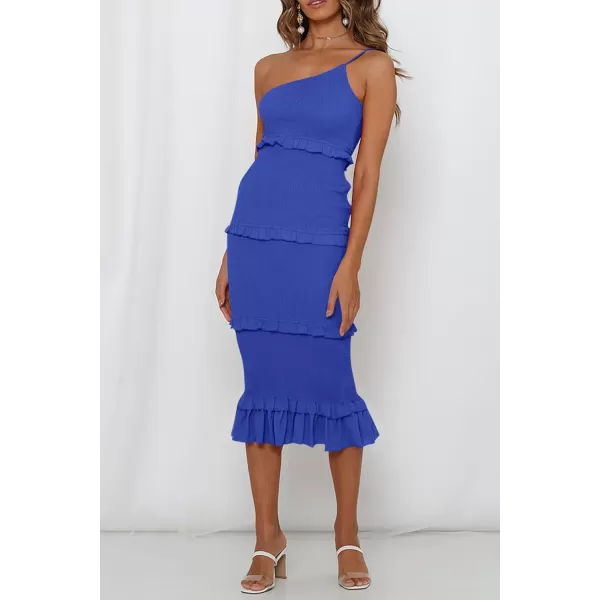 imagePRETTYGARDEN Womens Summer Midi Bodycon Dresses One Shoulder Strappy Tiered Ruffle Floral Boho Sun DressSolid Blue