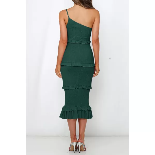 imagePRETTYGARDEN Womens Summer Midi Bodycon Dresses One Shoulder Strappy Tiered Ruffle Floral Boho Sun DressSolid Dark Green