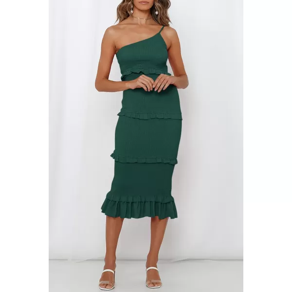 imagePRETTYGARDEN Womens Summer Midi Bodycon Dresses One Shoulder Strappy Tiered Ruffle Floral Boho Sun DressSolid Dark Green