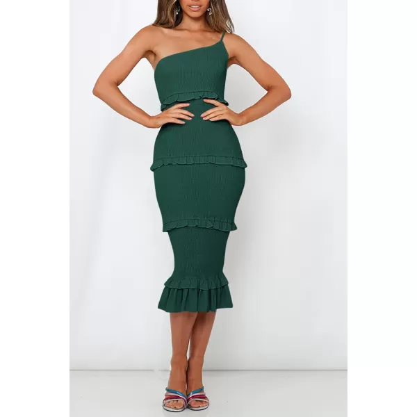 imagePRETTYGARDEN Womens Summer Midi Bodycon Dresses One Shoulder Strappy Tiered Ruffle Floral Boho Sun DressSolid Dark Green