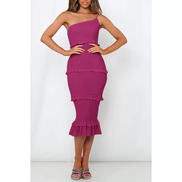 imagePRETTYGARDEN Womens Summer Midi Bodycon Dresses One Shoulder Strappy Tiered Ruffle Floral Boho Sun DressSolid Dark Rose Red