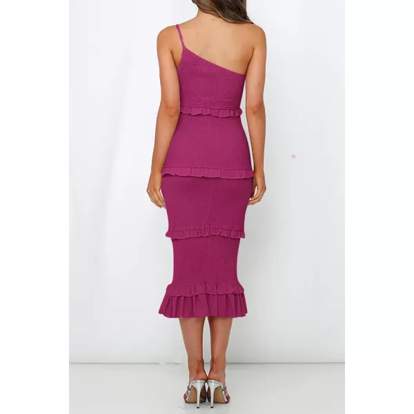 imagePRETTYGARDEN Womens Summer Midi Bodycon Dresses One Shoulder Strappy Tiered Ruffle Floral Boho Sun DressSolid Dark Rose Red