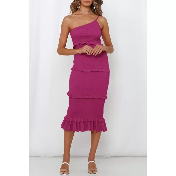 imagePRETTYGARDEN Womens Summer Midi Bodycon Dresses One Shoulder Strappy Tiered Ruffle Floral Boho Sun DressSolid Dark Rose Red
