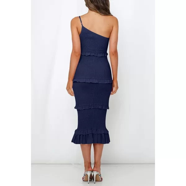 imagePRETTYGARDEN Womens Summer Midi Bodycon Dresses One Shoulder Strappy Tiered Ruffle Floral Boho Sun DressSolid Navy