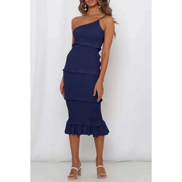 imagePRETTYGARDEN Womens Summer Midi Bodycon Dresses One Shoulder Strappy Tiered Ruffle Floral Boho Sun DressSolid Navy