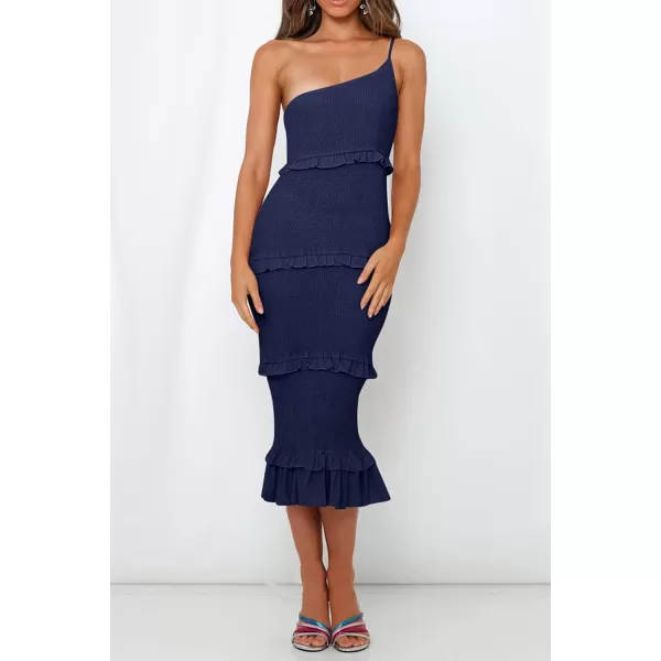 imagePRETTYGARDEN Womens Summer Midi Bodycon Dresses One Shoulder Strappy Tiered Ruffle Floral Boho Sun DressSolid Navy
