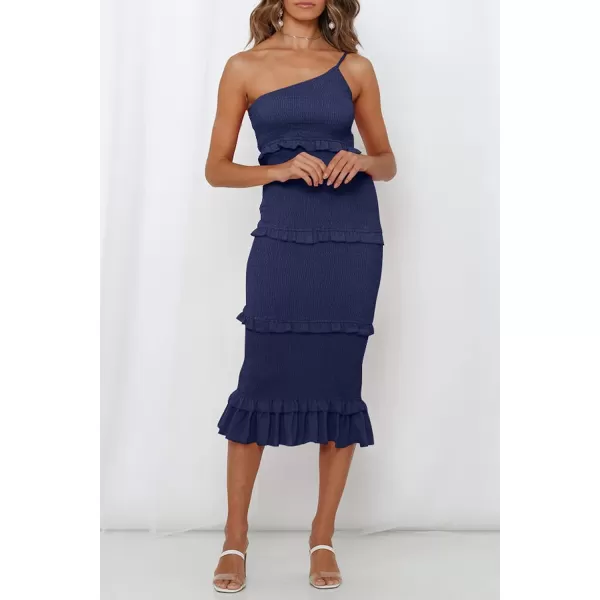 imagePRETTYGARDEN Womens Summer Midi Bodycon Dresses One Shoulder Strappy Tiered Ruffle Floral Boho Sun DressSolid Navy