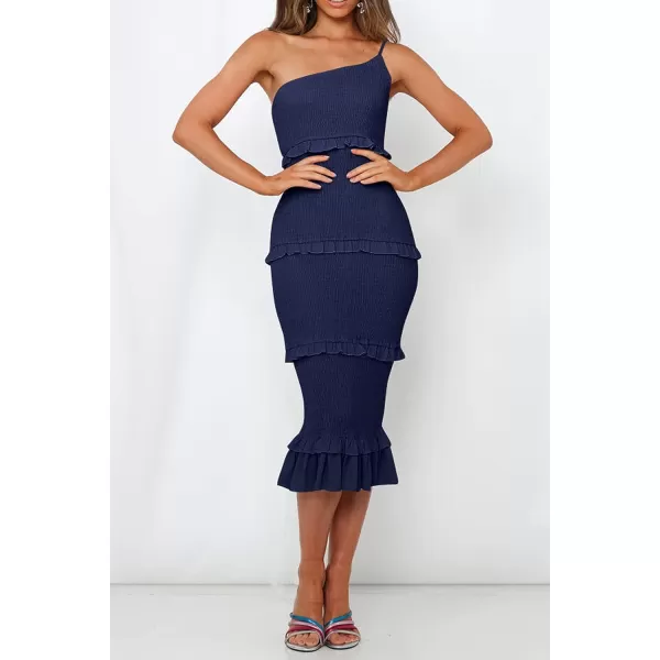 imagePRETTYGARDEN Womens Summer Midi Bodycon Dresses One Shoulder Strappy Tiered Ruffle Floral Boho Sun DressSolid Navy