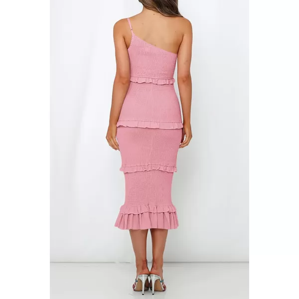 imagePRETTYGARDEN Womens Summer Midi Bodycon Dresses One Shoulder Strappy Tiered Ruffle Floral Boho Sun DressSolid Pink