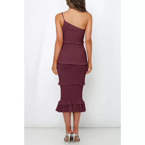 imagePRETTYGARDEN Womens Summer Midi Bodycon Dresses One Shoulder Strappy Tiered Ruffle Floral Boho Sun DressSolid Wine Red