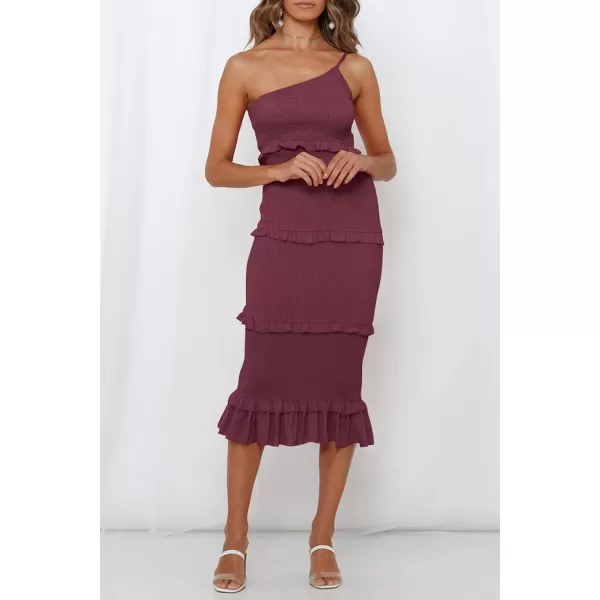 imagePRETTYGARDEN Womens Summer Midi Bodycon Dresses One Shoulder Strappy Tiered Ruffle Floral Boho Sun DressSolid Wine Red