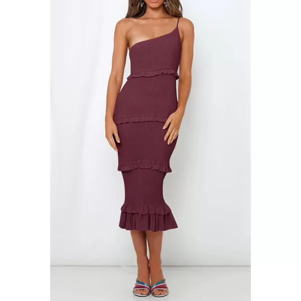 imagePRETTYGARDEN Womens Summer Midi Bodycon Dresses One Shoulder Strappy Tiered Ruffle Floral Boho Sun DressSolid Wine Red