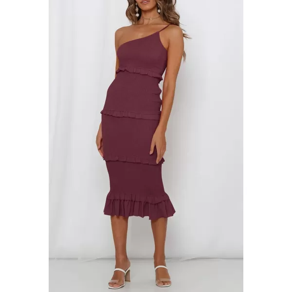 imagePRETTYGARDEN Womens Summer Midi Bodycon Dresses One Shoulder Strappy Tiered Ruffle Floral Boho Sun DressSolid Wine Red