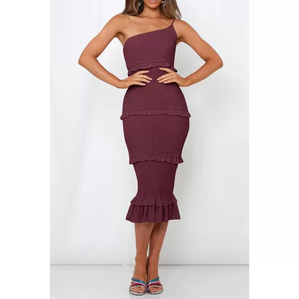 imagePRETTYGARDEN Womens Summer Midi Bodycon Dresses One Shoulder Strappy Tiered Ruffle Floral Boho Sun DressSolid Wine Red