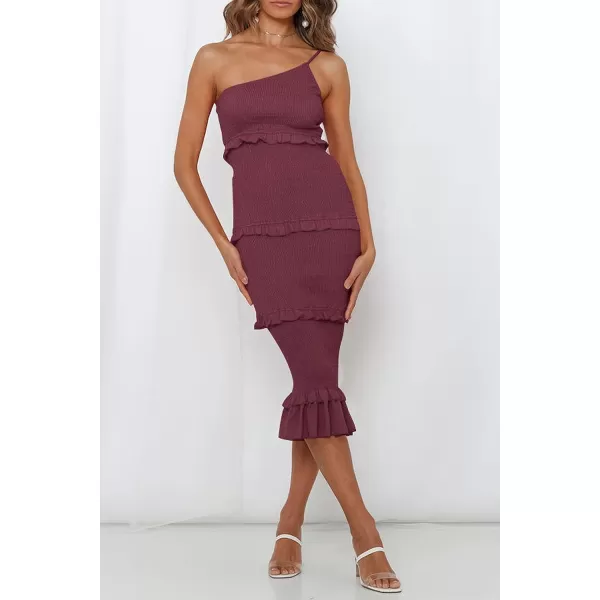 imagePRETTYGARDEN Womens Summer Midi Bodycon Dresses One Shoulder Strappy Tiered Ruffle Floral Boho Sun DressSolid Wine Red