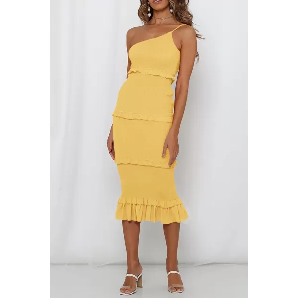 imagePRETTYGARDEN Womens Summer Midi Bodycon Dresses One Shoulder Strappy Tiered Ruffle Floral Boho Sun DressSolid Yellow