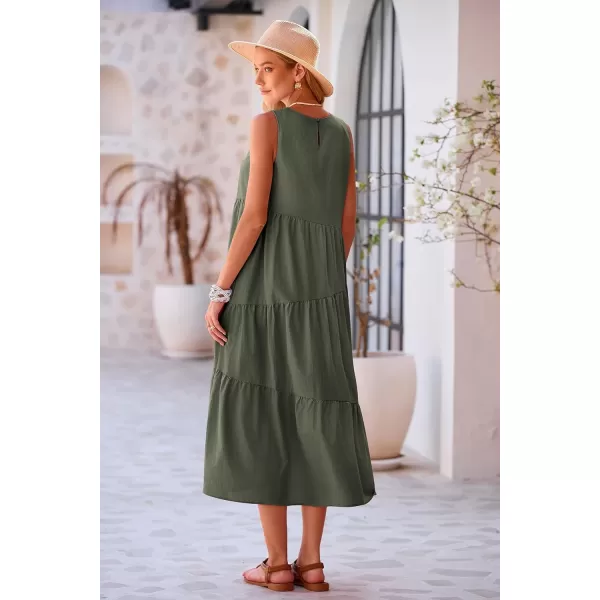 imagePRETTYGARDEN Womens Summer Midi Dress Sleeveless Crewneck Tiered Long Flowy Casual Holiday Beach Sundresses with PocketsArmy Green