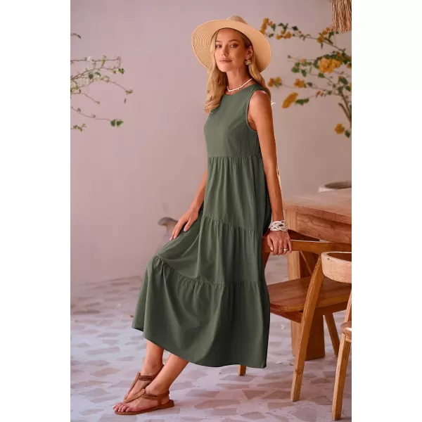 imagePRETTYGARDEN Womens Summer Midi Dress Sleeveless Crewneck Tiered Long Flowy Casual Holiday Beach Sundresses with PocketsArmy Green