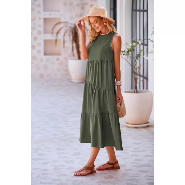 imagePRETTYGARDEN Womens Summer Midi Dress Sleeveless Crewneck Tiered Long Flowy Casual Holiday Beach Sundresses with PocketsArmy Green