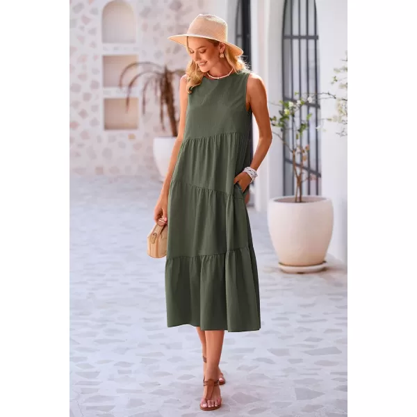 imagePRETTYGARDEN Womens Summer Midi Dress Sleeveless Crewneck Tiered Long Flowy Casual Holiday Beach Sundresses with PocketsArmy Green