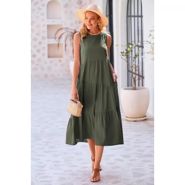 imagePRETTYGARDEN Womens Summer Midi Dress Sleeveless Crewneck Tiered Long Flowy Casual Holiday Beach Sundresses with PocketsArmy Green