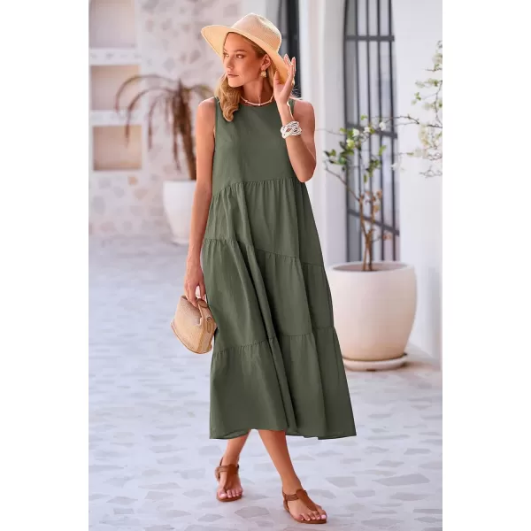 imagePRETTYGARDEN Womens Summer Midi Dress Sleeveless Crewneck Tiered Long Flowy Casual Holiday Beach Sundresses with PocketsArmy Green